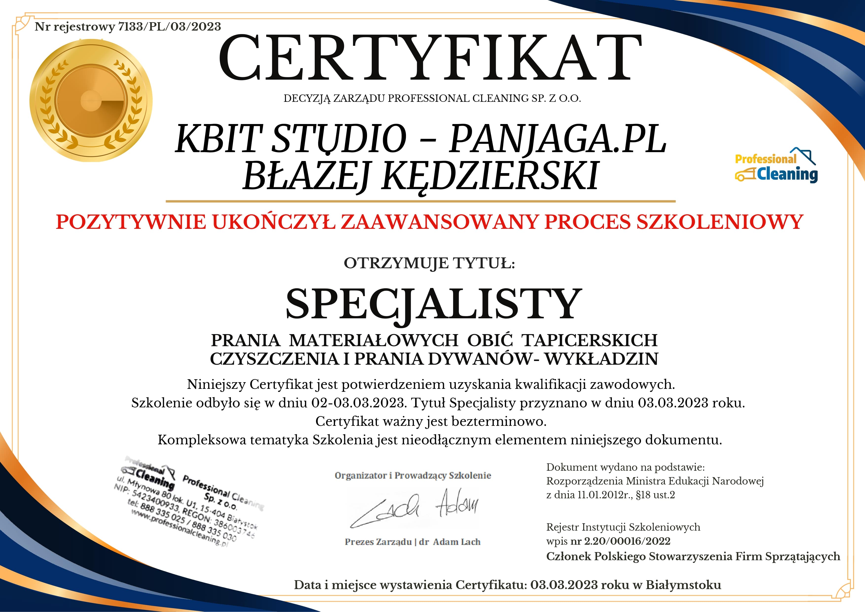 Certyfikat Pranie obić tapicerskich