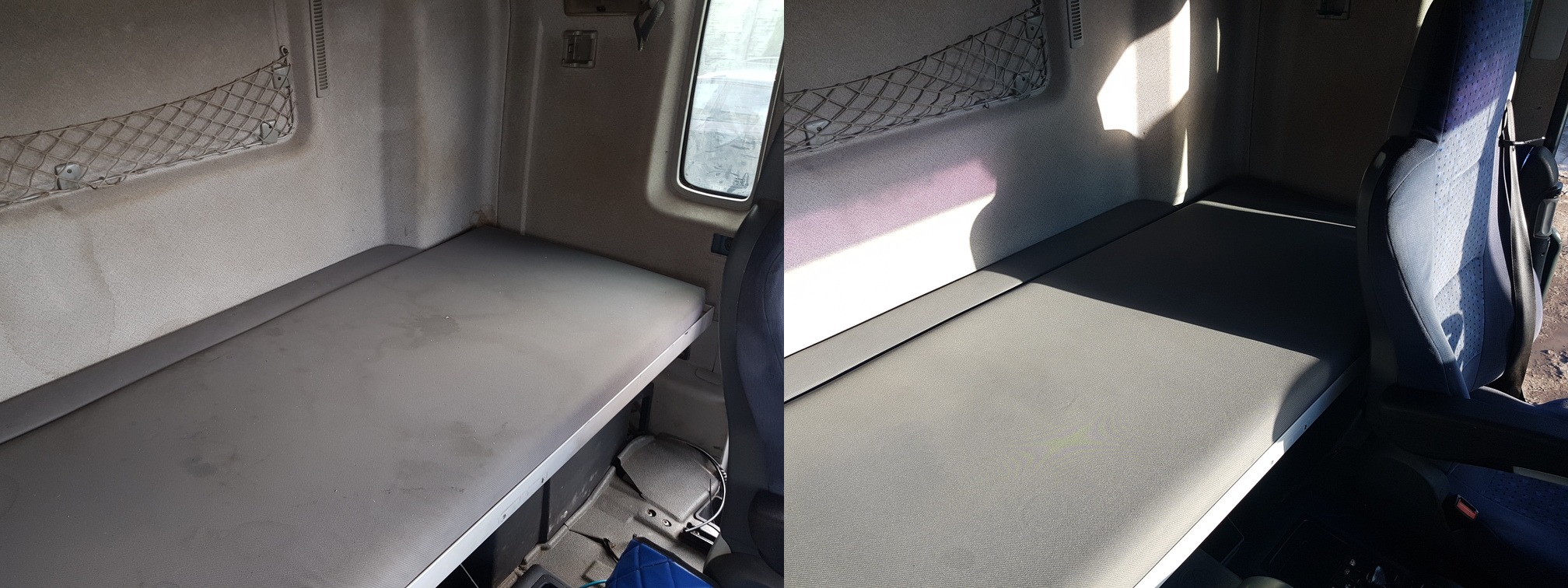 Czyszczenie kabiny i pranie materaca leżanki w ciężarówce MAN
